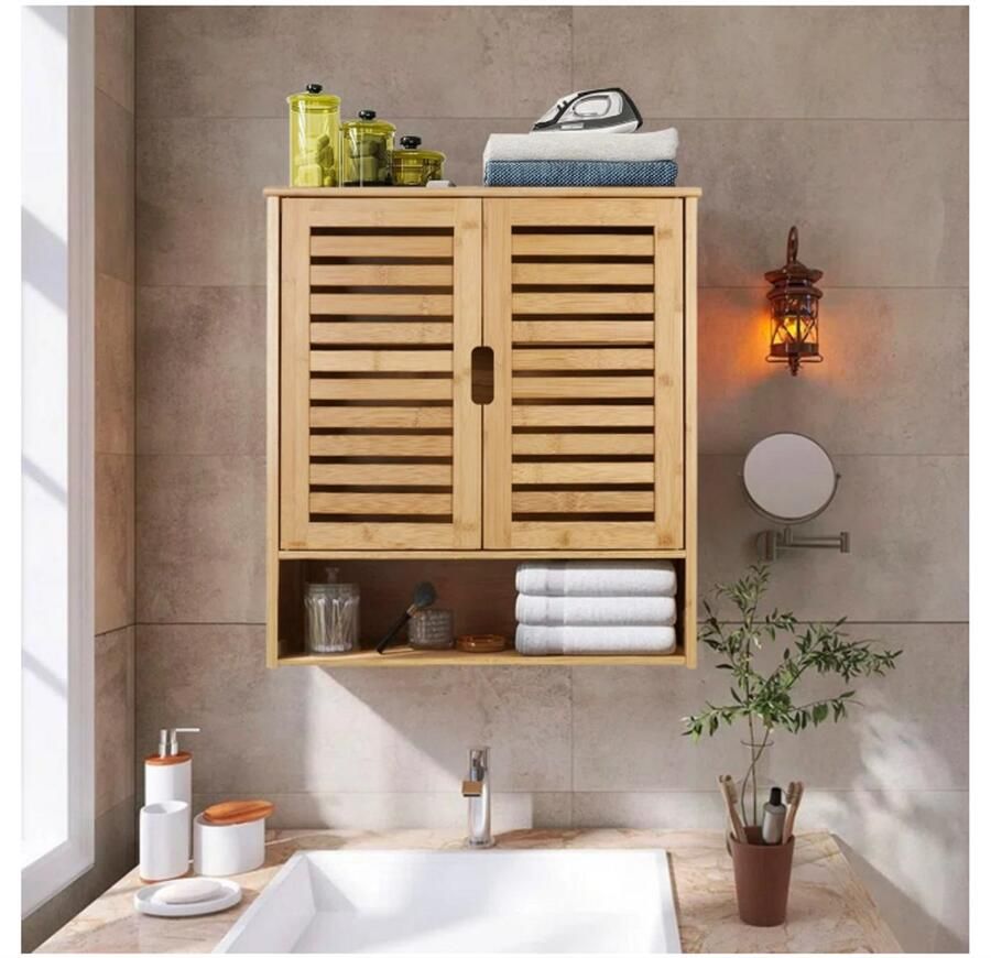 WNHB Wandkast Badkamer – Houten Muurkast met Dubbele Deur & Verstelbare Planken – Rechthoekig – Wandgemonteerd