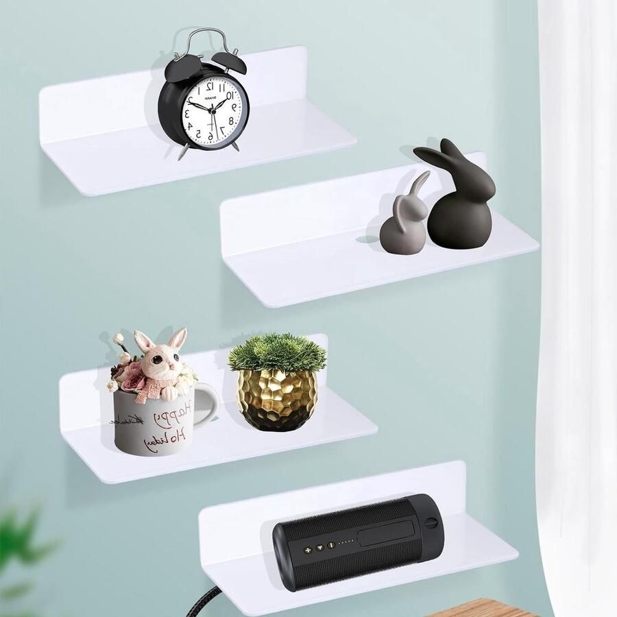 WNHB Wandplank set 4 stuks zwevende wandplanken zonder boren acryl wandrek wit smal opbergrek voor speelgoed figuren decoratie