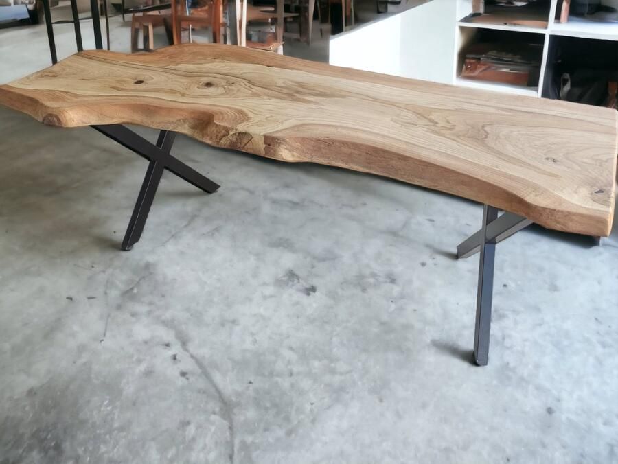 WodyGody B.V. WodyGody TO-004 Eettafel Eiken X-vormige Metalen Poten Asymmetrisch 210x65cm