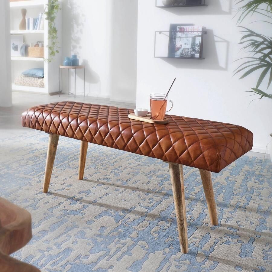 Ervesto Bank Echt Leer 2-Zits Eetbank Halbank Bruin Massief Hout Hoogwaardig Leer Comfortabele Zitting - Foto 2
