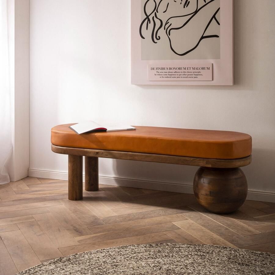 Wohnling Bank Geitenleer Mango Massief Houten Bank 140x47x40 cm Modern Hal Gestoffeerde Bank Ongewoon Gestoffeerde Leren Bank Bruin Kleine Bedbank Halbank WL7.314
