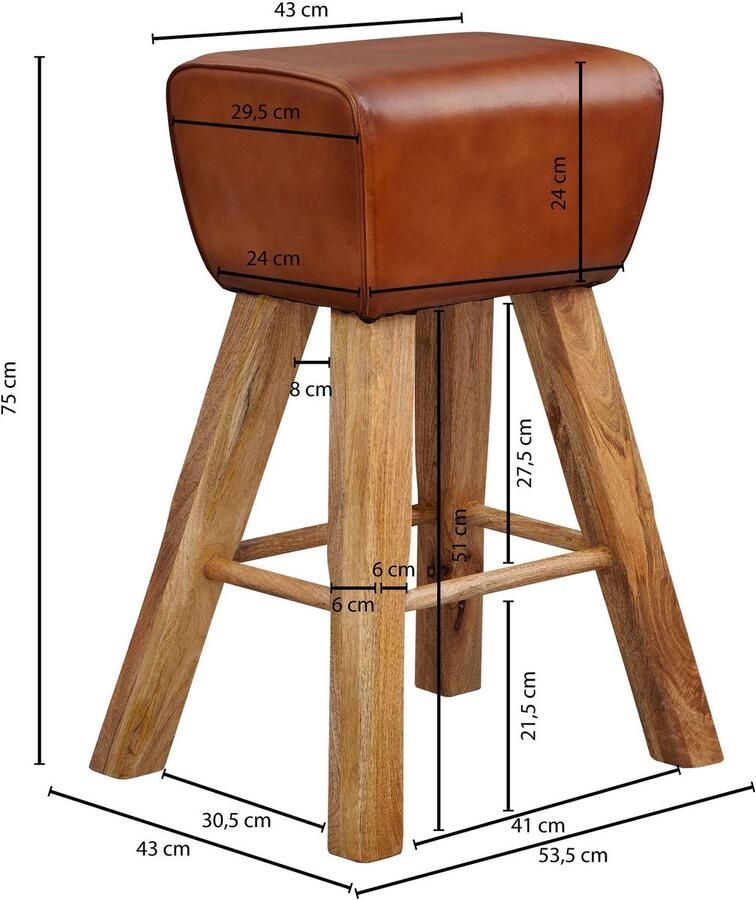 Industrieelinhuis.nl Turnbok barkruk 75 cm massief houten barkruk lederen kruk - Foto 2