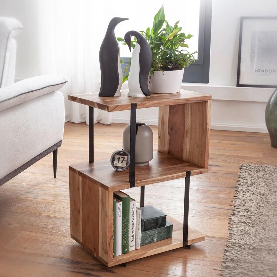 Ervesto bijzettafel S-vorm 45x60x30cm acacia metaal tafel Kleine tafel woonkamer industriële Houten tafel met metalen poten Decoratief tafelhout