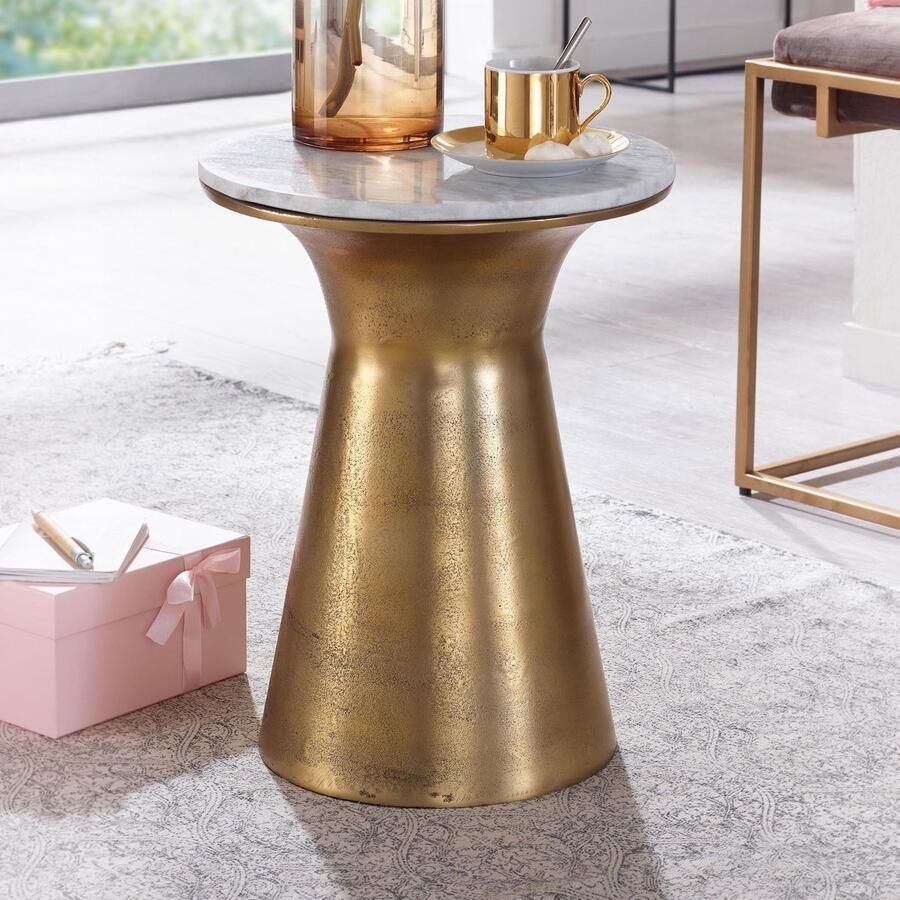 Ervesto Bijzettafel Echt Marmer en Metaal 35x35x45 cm Salontafel Wit Goud Ronde Dienblad Tafel Woonkamer Moderne Koffietafel Woonkamertafel Hoog