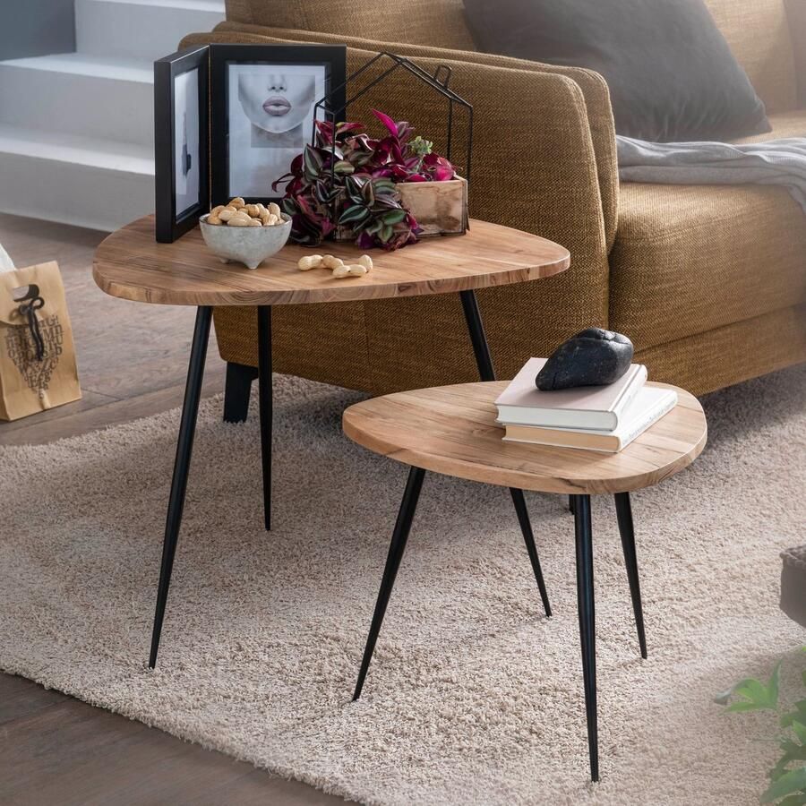 Ervesto set van 2 nesttafels acacia massief houten metalen salontafel klein Design bijzettafel set van twee houten tafels Woonkamer tafel metalen frame
