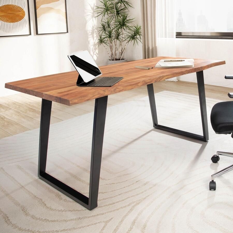 Ervesto bureau 200x100x76 cm acacia massief hout metaal computertafel boomrand thuiskantoor kantoortafel massief met U-poten in zwart houten tafel laptoptafel studeerkamer