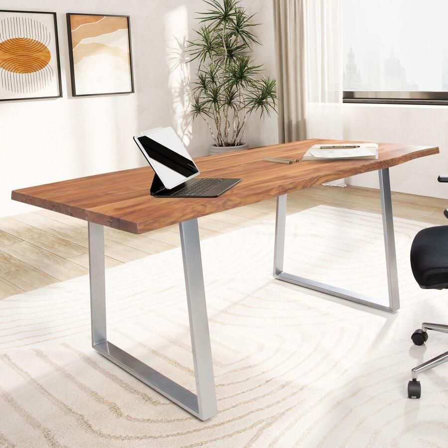 Ervesto bureau 160x80x76 cm acacia massief hout metaal computertafel boomrand thuiskantoor kantoortafel massief met trapeziumvormige poten in chroom houten tafel laptoptafelstudie