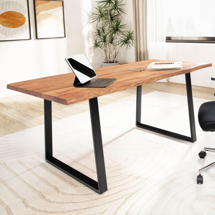 Ervesto bureau 180x90x76 cm acacia massief hout metaal computertafel boomrand thuiskantoor kantoortafel massief met trapeziumvormige poten in zwart houten tafel laptoptafelstudie - Foto 2
