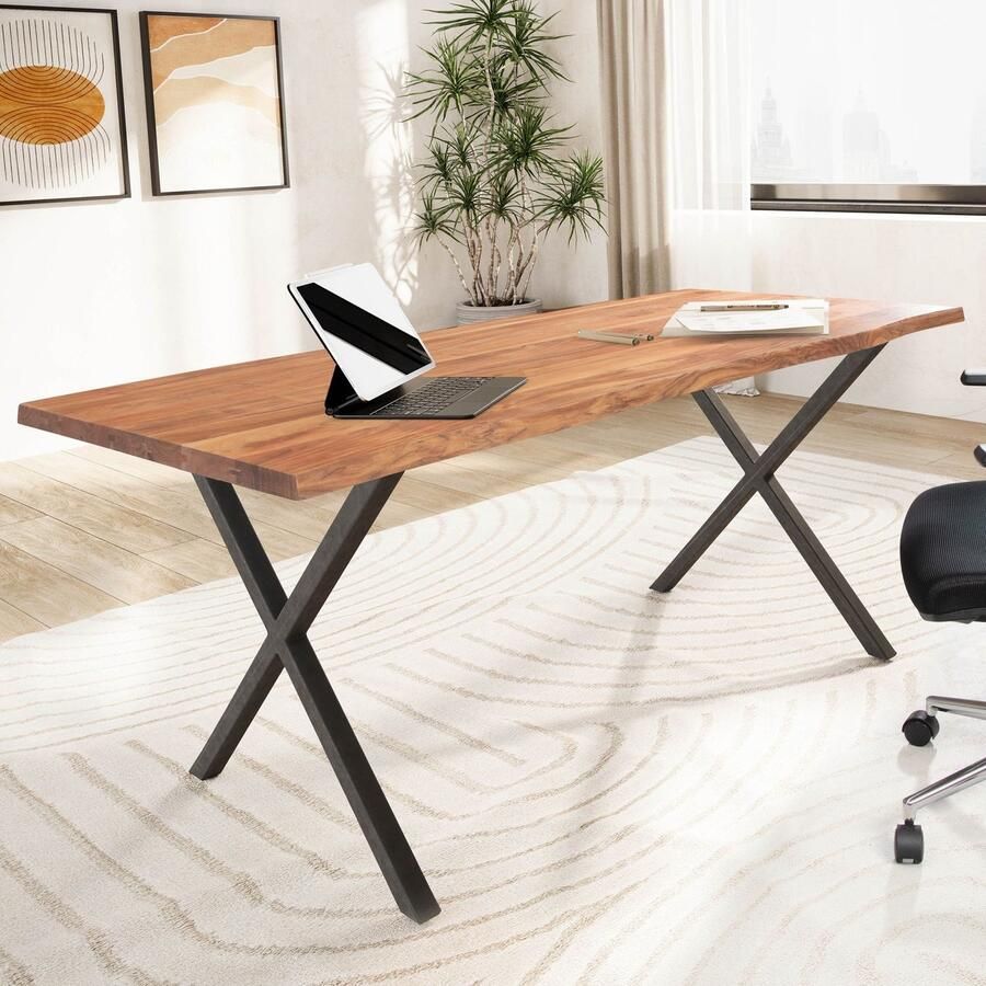 Ervesto bureau 180x90x76 cm acacia massief hout metaal computertafel boomrand thuiskantoor kantoortafel massief met X-poten in zwart houten tafel laptoptafel studeerkamer - Foto 2