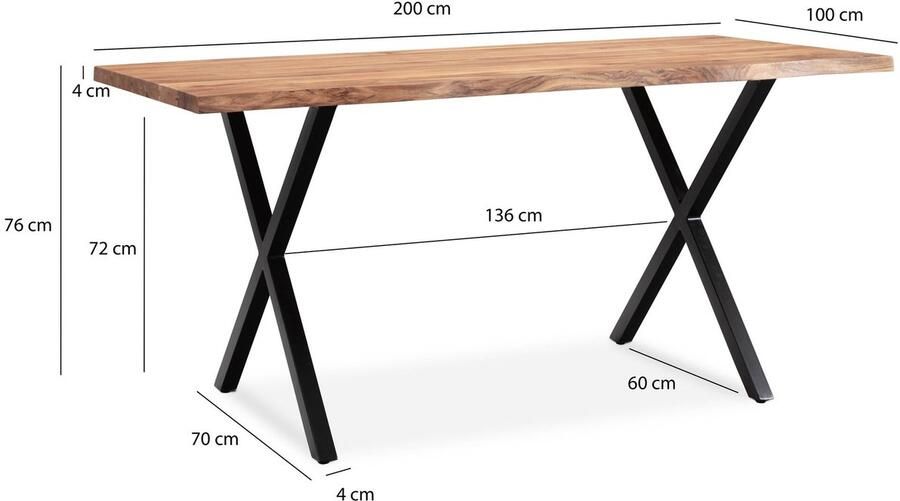 Ervesto bureau 200x100x76 cm acacia massief hout metaal computertafel boomrand thuiskantoor kantoortafel massief met X-poten in zwart houten tafel laptoptafel studeerkamer - Foto 2