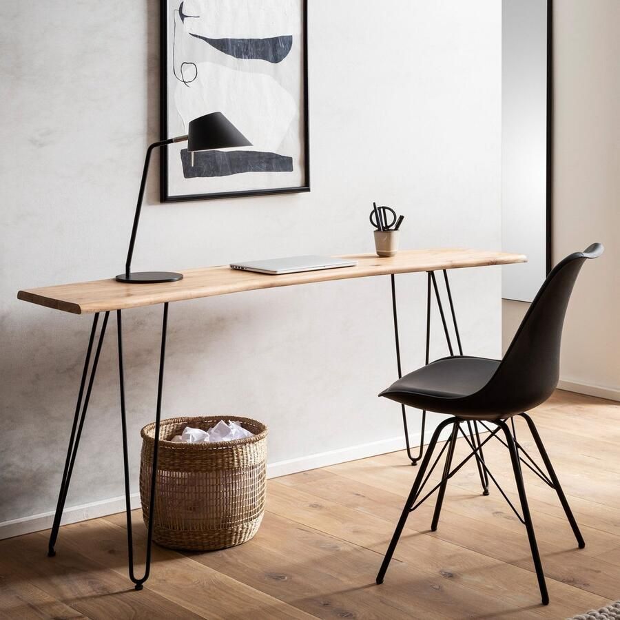 Ervesto Bureau 150x36x75 cm Acacia Massief Hout Metaal Computerbureau Boomrand Thuiskantoor Kantoorbureau Massief met Haarspeldpoten in Zwart Houten Tafel Smal Laptoptafel Studeerkamer