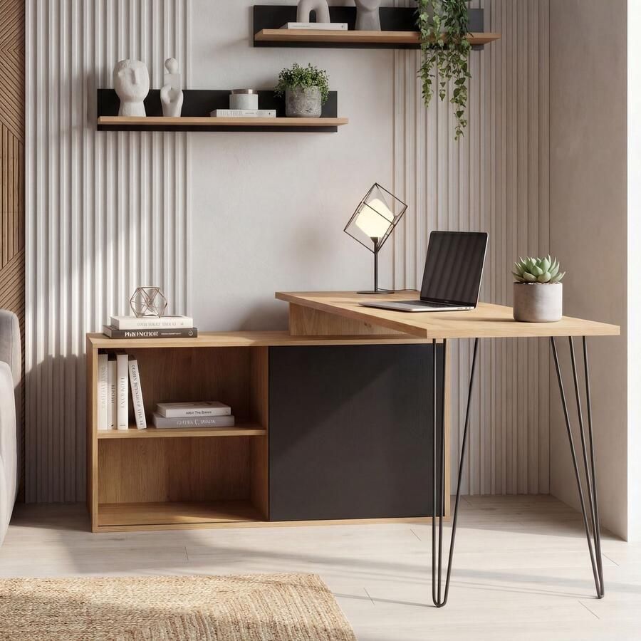 Wohnling Bureau zwart L-vorm 130 cm breed WL7.631