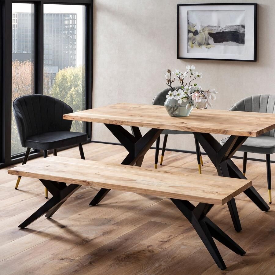 Ervesto Acacia Eetkamerbank 160x45x45 cm Industrieel Keukenbank Licht goudbruin Handgemaakt Maximaal 250 kg draagvermogen