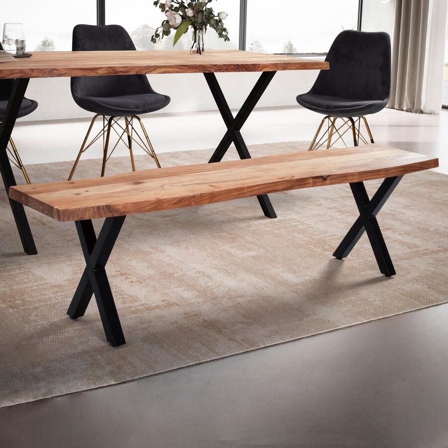 Ervesto Acacia Eetkamerbank 140x40x45 5 cm Modern Design Stabiele X-Poten Licht Goudbruin Handgemaakt en Uniek