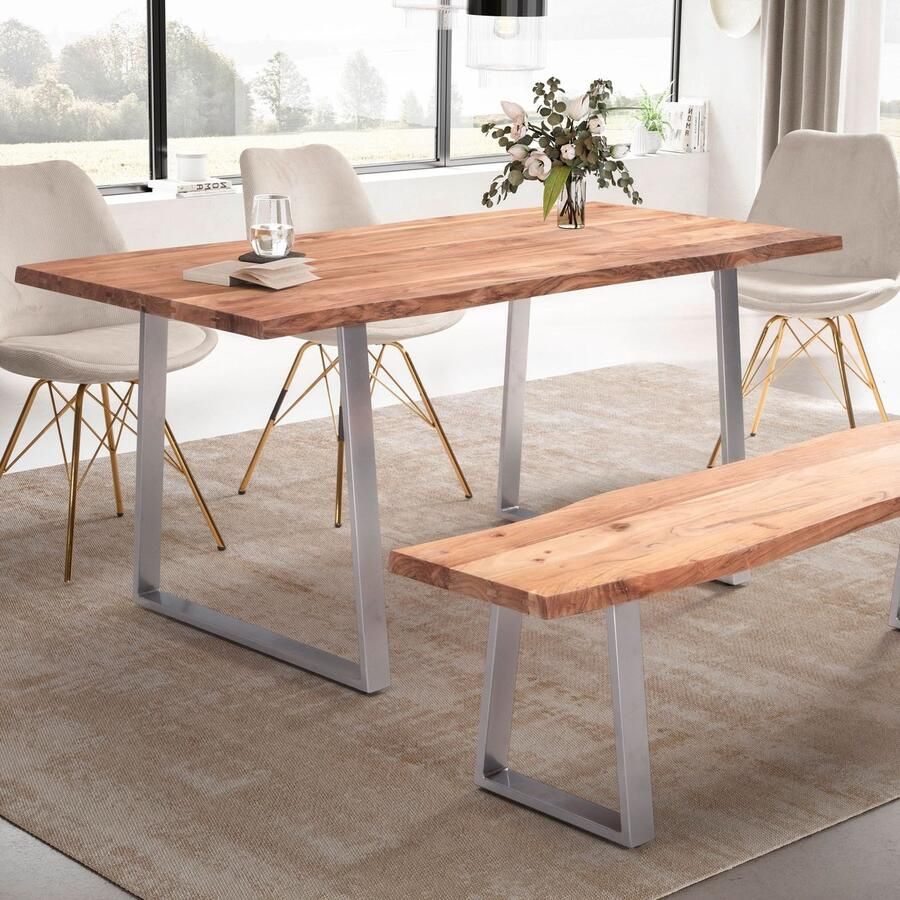 Wohnling eetkamertafel 140x80x76 cm acacia massief hout metaal eettafel boomrand keukentafel massief met trapeziumvormige poten in chroom houten tafel eettafel eetkamer rechthoekig WL7.247