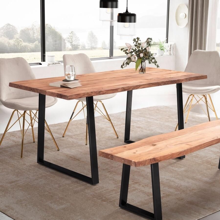Wohnling eettafel 140x80x76 cm acacia massief hout metaal eettafel boomrand massieve keukentafel met trapeziumpoten in zwart houten tafel eettafel eetkamer rechthoekig