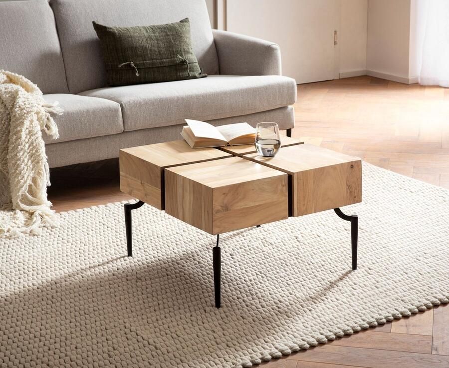 Ervesto salontafel acacia massief hout 60x60x40 cm vierkant met metalen frame kleine salontafel kubusvorm woonkamertafel bank modern salontafel kubus bruin zwart