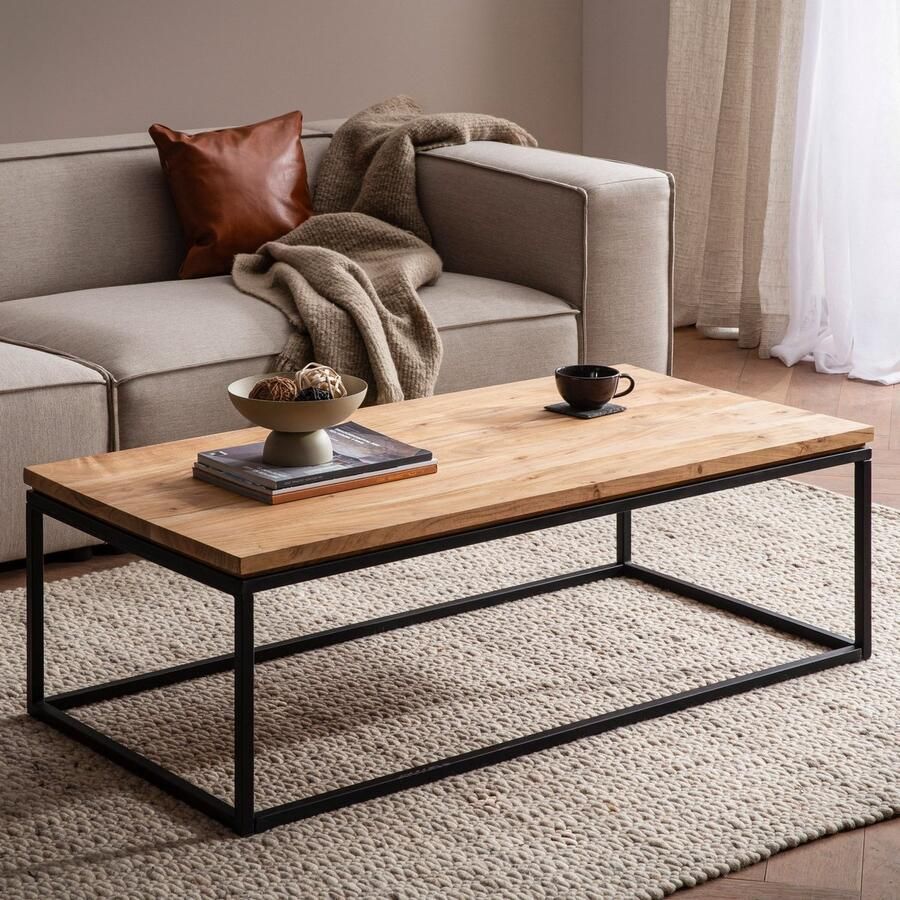 Ervesto salontafel 120x60x40 cm acacia massief hout metalen salontafel rechthoekig design woonkamertafel met natuurlijke houtnerf salontafel woonkamer modern