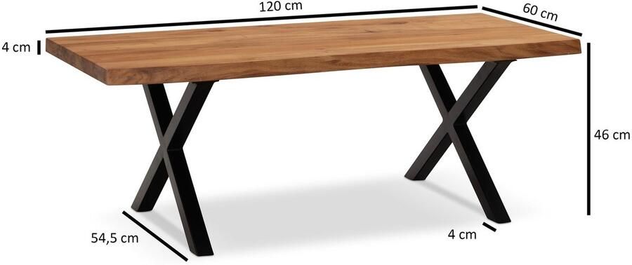 Ervesto salontafel 120x60x46 cm acacia massief hout metalen boomrand design woonkamertafel rechthoekig salontafel bruin salontafel met zwarte poten in X-vorm - Foto 3