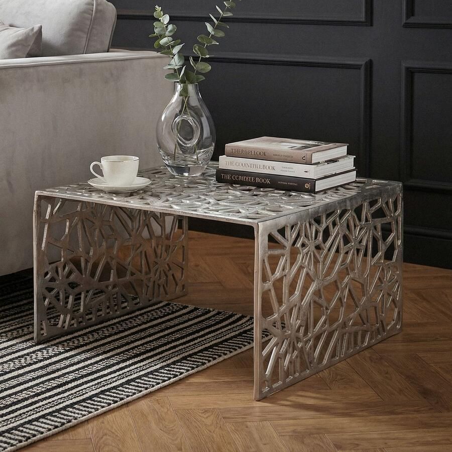 RC Meubels Salontafel Aluminium Zilver 60cm Vierkante Sofatafel Metaal Woonkamertafel Alu modern met Patroon Design Tafel laag Loungtafel Bijzettafel Handgemaakt