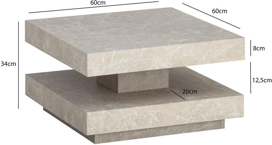 Ervesto salontafel 60x60x34 cm zandkleurige salontafel in steenlook modern design woonkamertafel met opbergruimte vierkant loungebank tafel beige salontafel klein - Foto 2