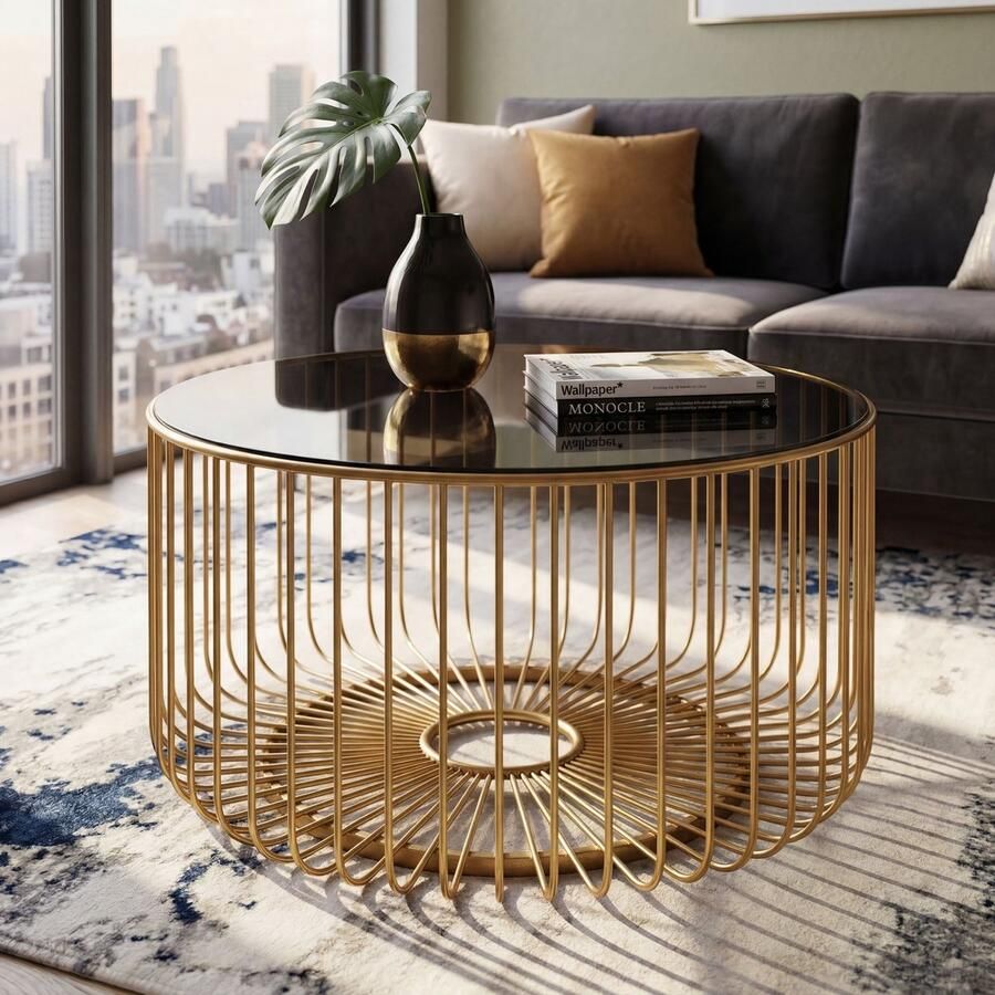 Wohnling Salontafel glas metaal goud rond 60 cm