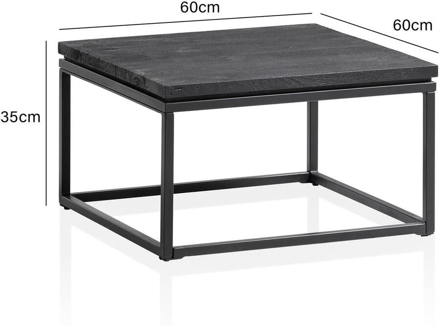 Ervesto salontafel 60x60x35 cm mango massief hout metaal zwart salontafel vierkant design woonkamertafel met natuurlijke houtnerf salontafel woonkamer modern - Foto 2