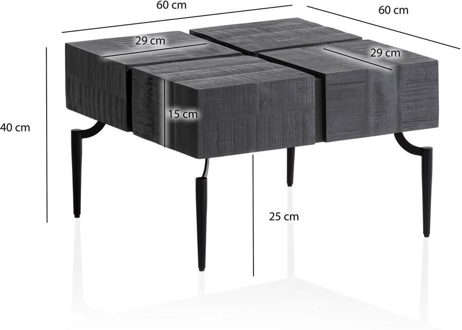 Ervesto salontafel mango massief hout 60x60x40 cm vierkant met metalen frame kleine salontafel kubusvorm woonkamertafel bank modern salontafel kubus zwart - Foto 2