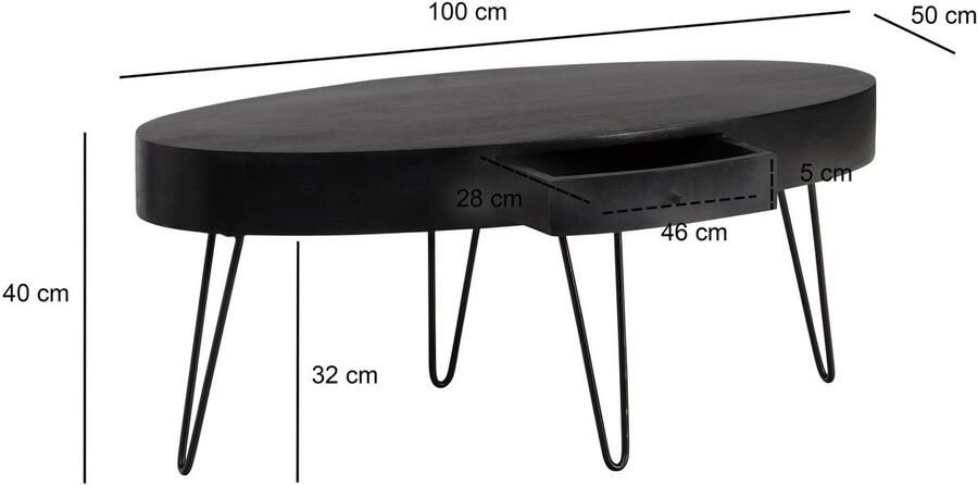 Ervesto salontafel 100x50x40 cm mango massief hout metalen salontafel design woonkamertafel ovaal met lade salontafel opbergruimte massief grote tafel woonkamer haarspeldpoten - Foto 2
