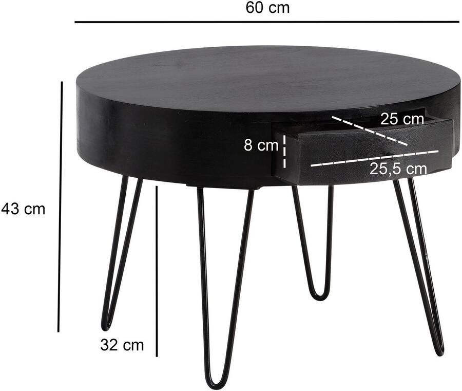 Ervesto salontafel 60x60x43 cm mango massief hout metalen salontafel design woonkamertafel rond met lade salontafel opbergruimte massief kleine tafel woonkamer haarspeldpoten - Foto 2