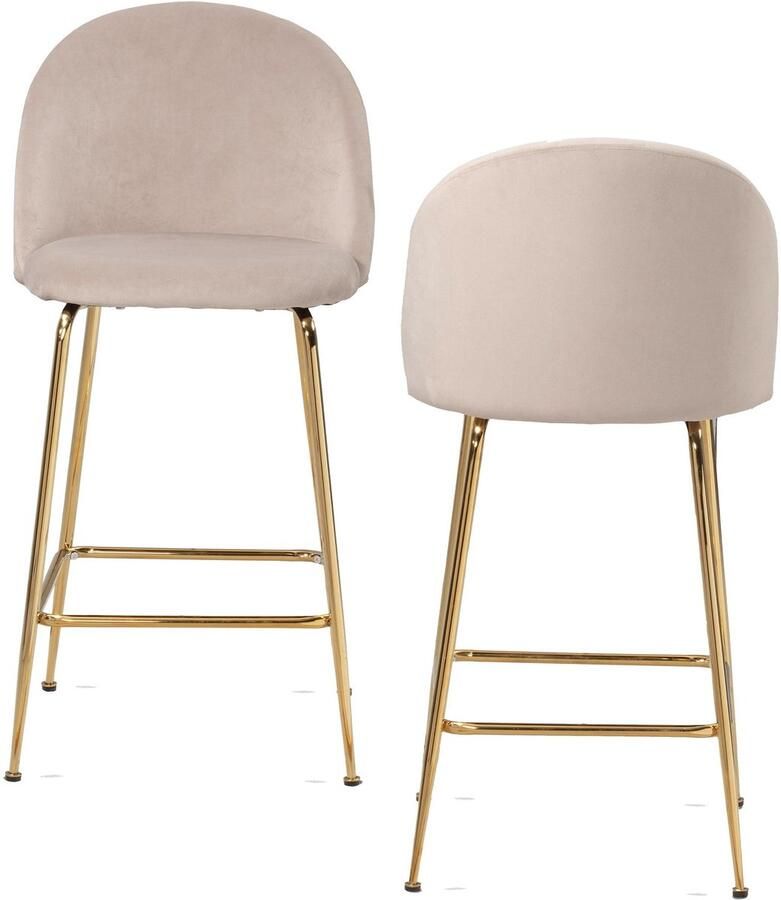 Wohnling set van 2 barkrukken fluwelen beige kruk met rugleuning en gouden poten keukenkruk Scandinavische stof metaal 110 kg design barkruk tegenkruk bistrokruk gestoffeerd WL6.943