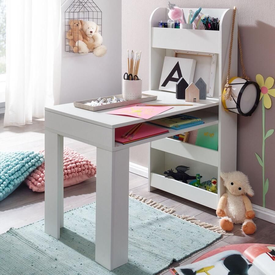 Wohnling wit 90x50x110 cm schildertafel kinderkamer met plank | Kindertafel modern | Studentenbureau met opbergruimte | Schoolbank smal - Foto 2