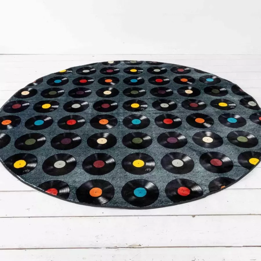 Wolff Blitz Interior Vintage Vinly Vloerkleed 180 cm Rond Hoogpolig Tapijt Muziek Design LP print Duurzaam