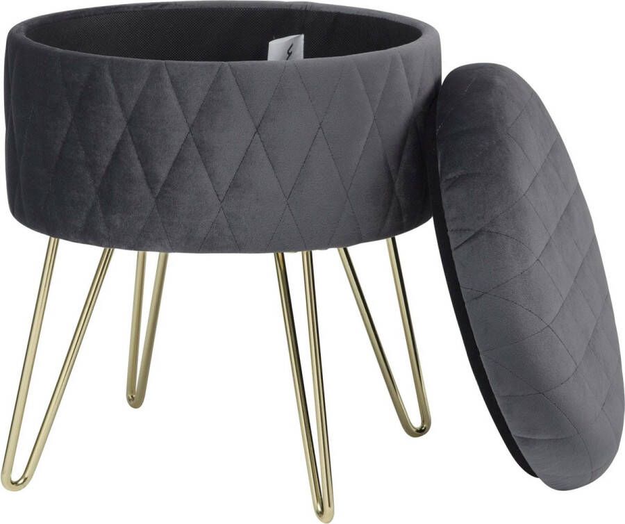AllinShop Poef Kruk Voetenbankje Gestoffeerde Krukje Met Opslag Openbaar Donker Grijs Rond Gouden Poten 31x31x36CM