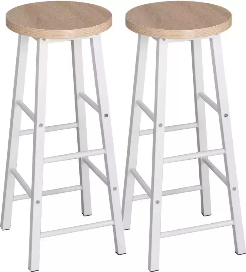 Woltu Monkey's Barkrukken Set Van 2 Bar stoelen met voetensteun Barkruk Industrieel Wit Beige Licht Eiken Hout Vintage 30 x 30 x 71 cm