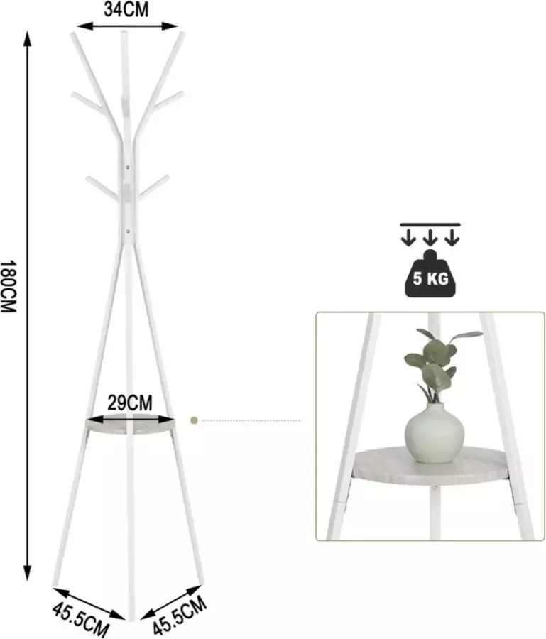 Woltu Boom Kapstok Wit Vrijstaande Kledingrek 9 Haken Voor Kleding Hoeden Sjaals