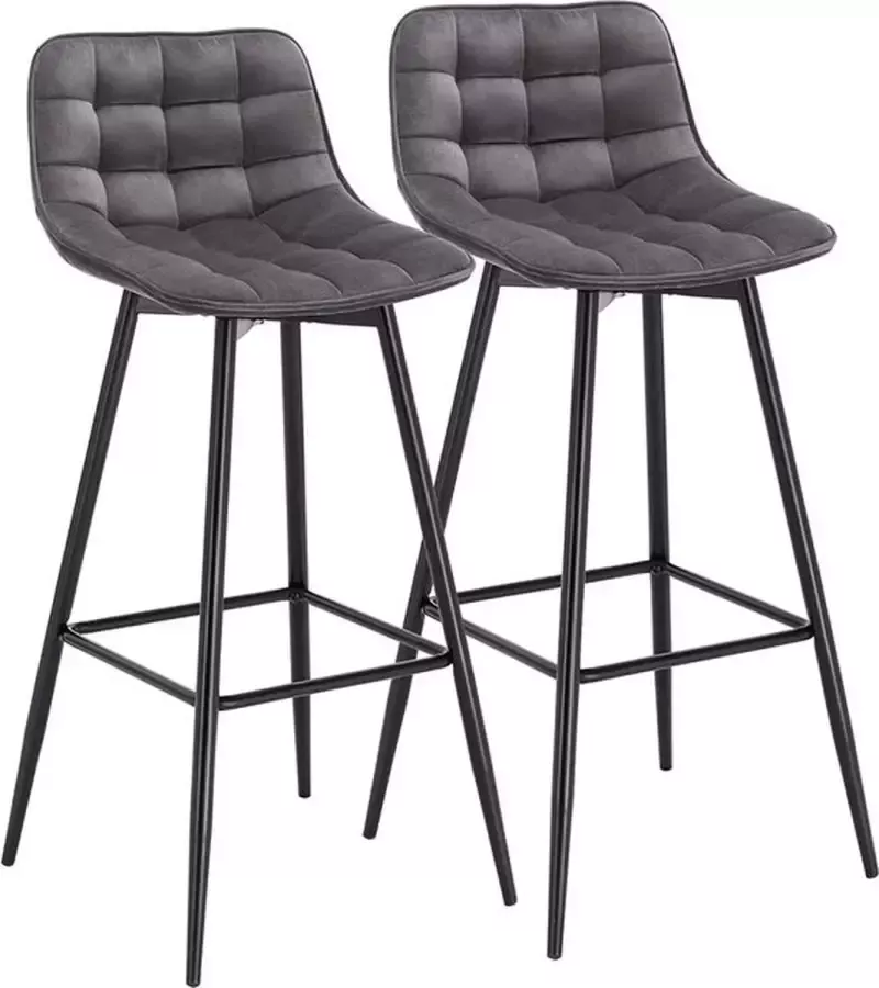 Woltu Fluwelen Barkruk 2 Stuks Designer Metalen Frame Met Voetensteun Bar Donkergrijs
