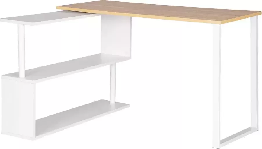 Woltu L-Vormig Hoekbureau Met Legplanken En 2 Tafelbladen Licht Eiken Metaal Bureau Met Monderne Look 120x100x74cm Wit Bruin