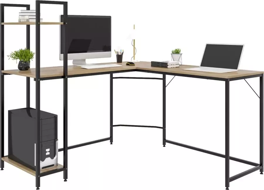Woltu L-Vorming Bureau Met Planken Hout Werkstation PC Bureau Werk Studie Voor Thuis Office