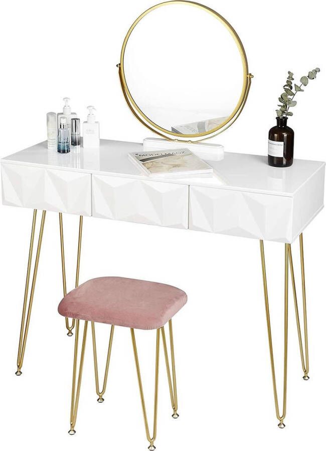 Woltu Make up Tafel Volwassenen Kinderen Met Kruk Wit Goud Roze Kaptafel Met Spiegel 3 Schuifladen 3D Effect Lade Kaptafels 100 x 40 x 79cm