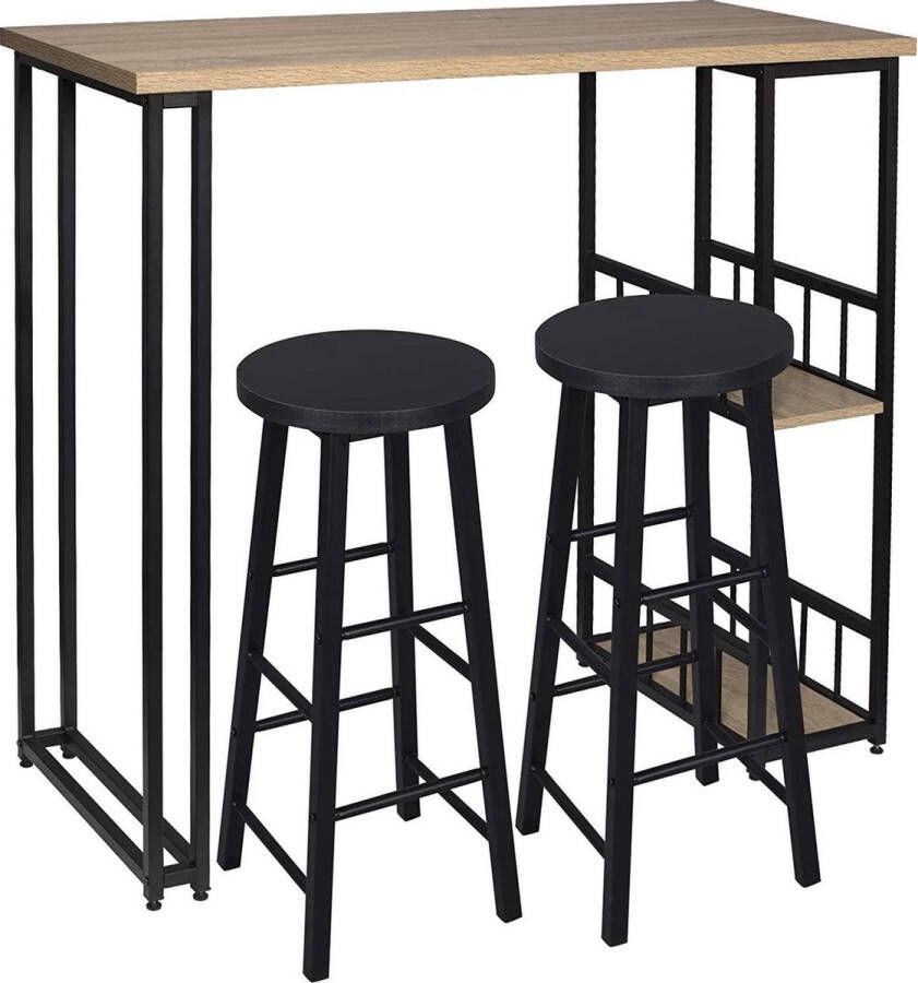Woltu Monkey's Bartafel Keukentafel Bartafel Met Barkrukken Hoge Tafel Inclusief 2 Krukken 2 Legvakken Vintage Metalen Frame Bruin Zwart 120 x 40 x 105 cm