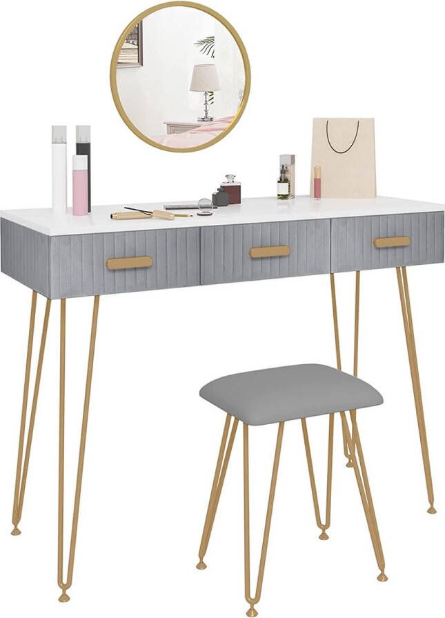 Woltu Monkey's Luxe Kaptafel Ronde met Spiegel Met Kruk Gestoffeerd Fluweel Grijs Kaptafel Voor Vrouwen 100 x 40 x 78
