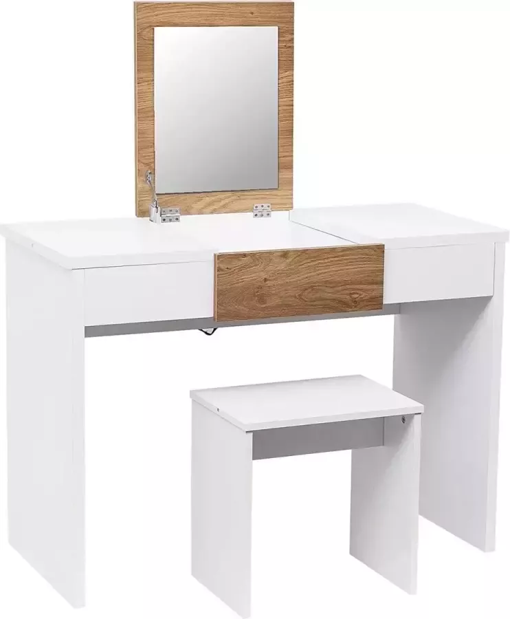 Woltu Monkey's Witte Bruine Kaptafel Spiegel Met Opbergruimte Met Bankje Kaptafel Voor Vrouwen 100 x 48 x 72 cm