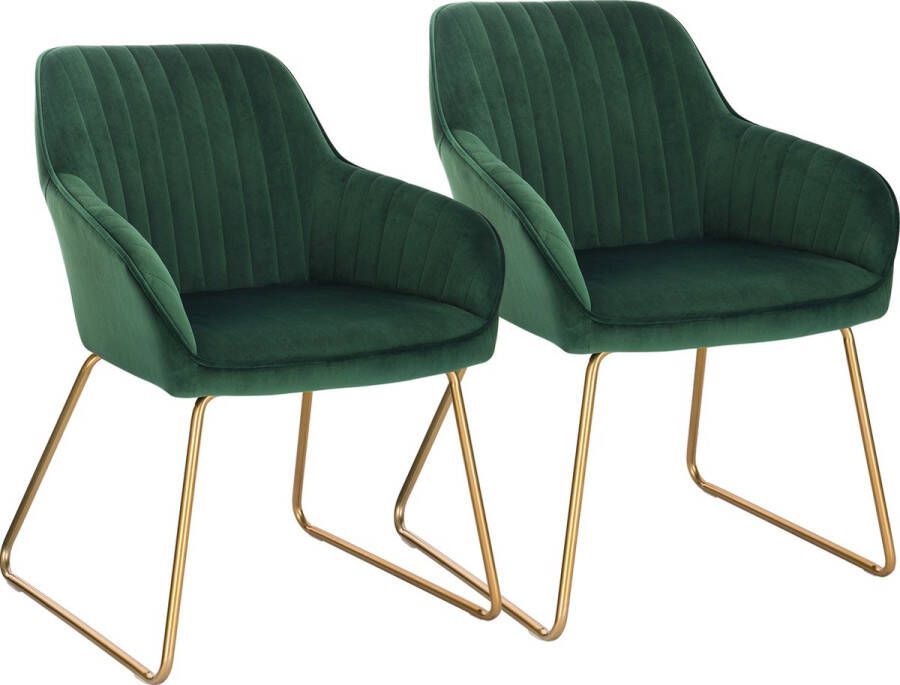 Woltu Velvet Eetkamerstoelen met Armleuning Eetkamerstoel Velours Stijlvol Ergonomisch & Comfortabel Set van 2 Donkergroen met Gouden Poten