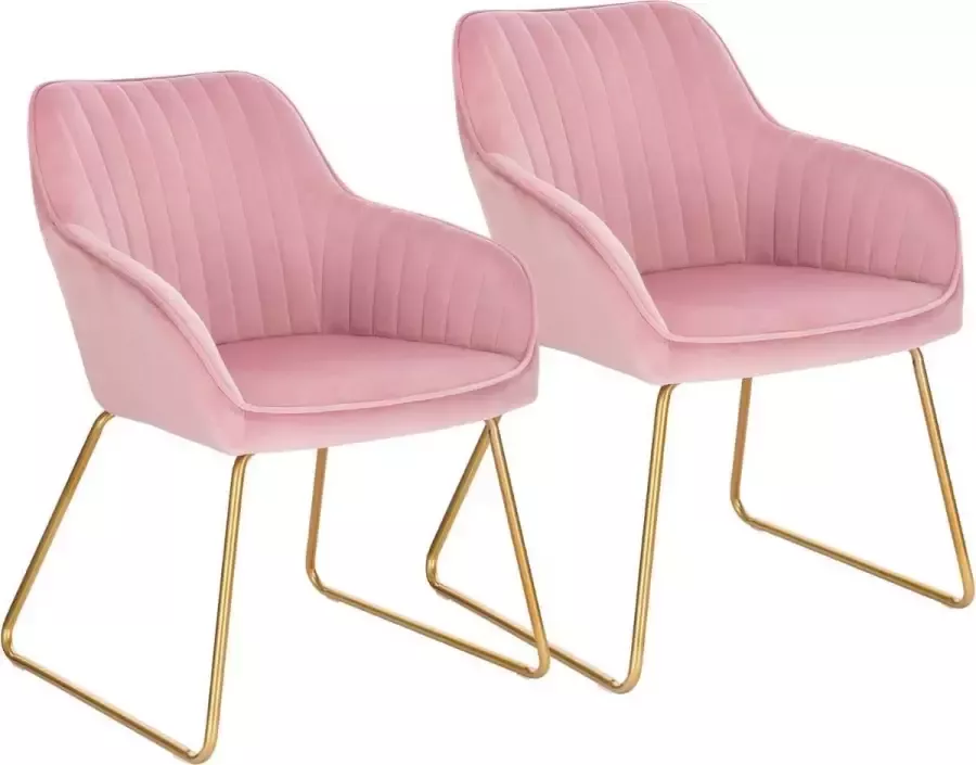 Woltu Velvet Eetkamerstoelen met Armleuning Eetkamerstoel Velours Stijlvol Ergonomisch & Comfortabel Set van 2 Roze met Gouden Poten