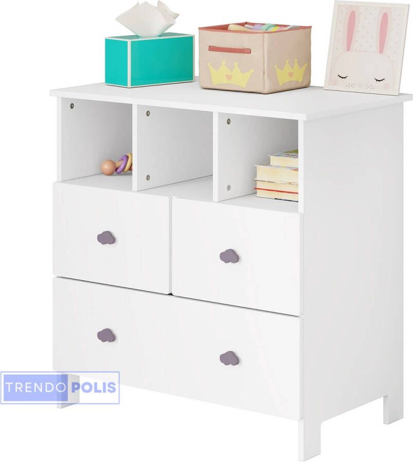Trendopolis Witte Kast met 3 Laden en 3 Open Compartimenten Veelzijdig Opslagdressoir Ruimtebesparend Stijlvol Kinderkamer Woonkamer Speelkamer Dressoir