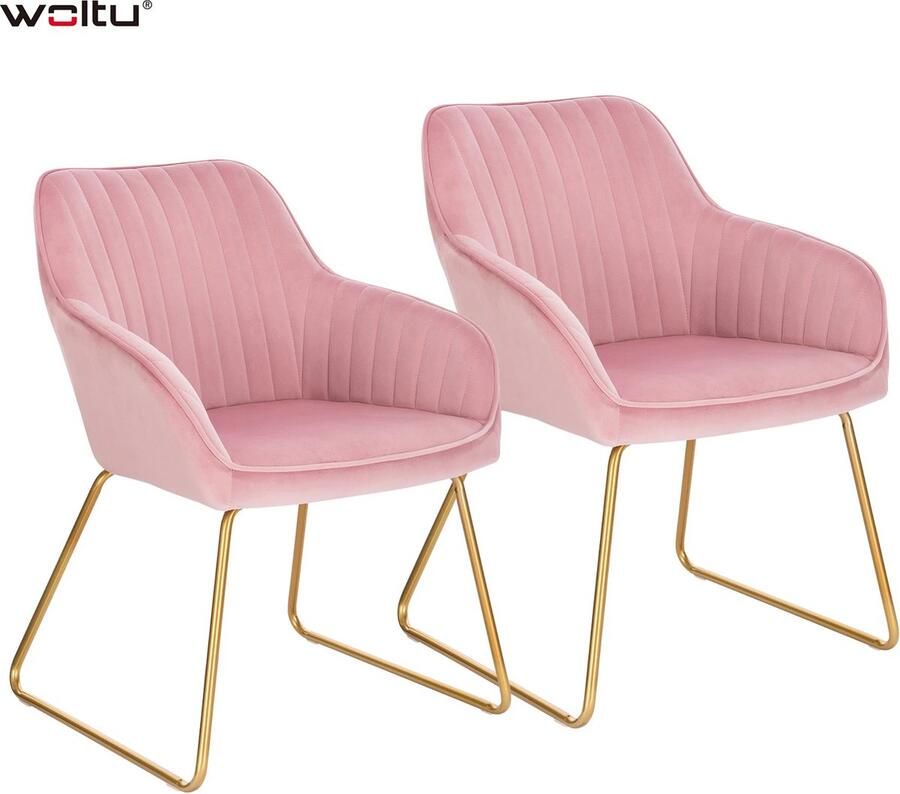 Woltu 2Pcs Eetkamer Gestoffeerde Stoelen Woonkamer Stoel Met Armsteun Metalen Benen Fluwelen Lederen Vintage Nordic Rugleuning Stoel Pink