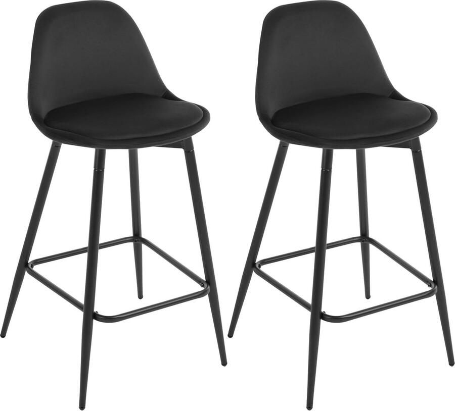 Woltu Barkruk 2-delige set barstoelen fluweel keukenkruk met rugleuning hoge kruk met voetensteun gevoerd met metalen poten voor bar keuken eetkamer toonbank zwart