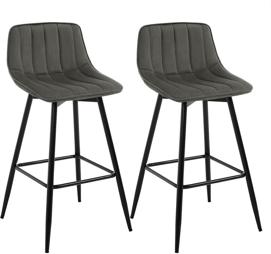 Woltu Barkrukken Donkergrijs Set van 2 in Fluweel en metalen Hoge kruk Barstoelen met voetsteun