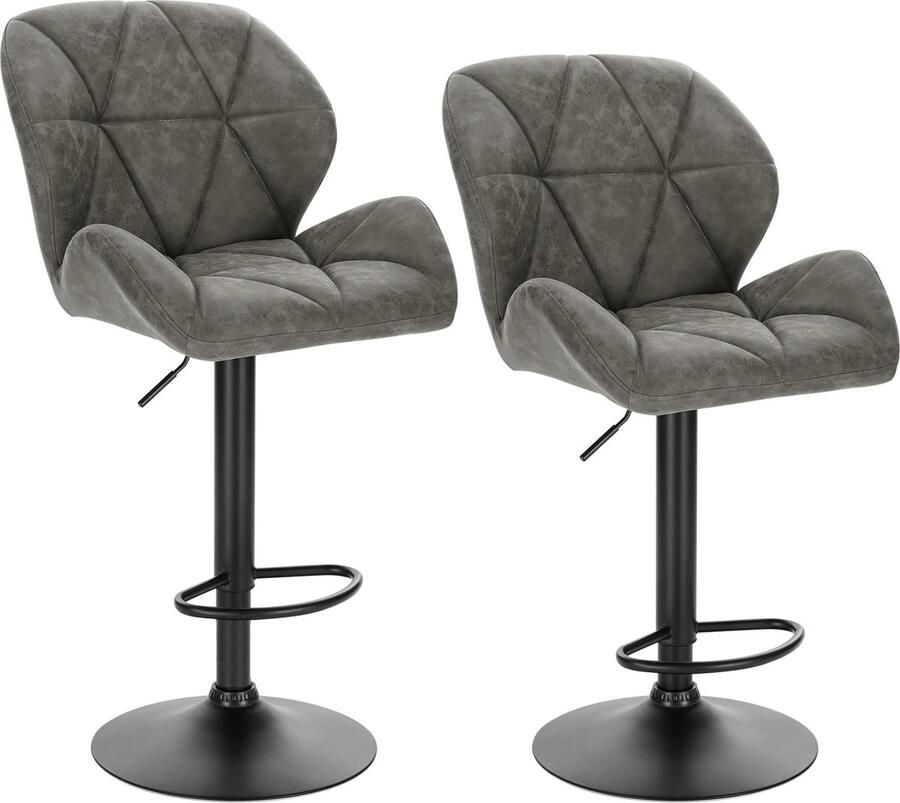 Wildor Set van 2 barkrukken Grijs leren barkrukken Gas lift Barstoel Kruk Stoelen Barstoelen met rugleuning Zwart Metaal onderstel Keukenstoel Barkruk zithoogte 60-82cm